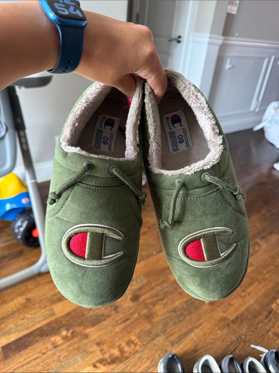 Champion Other - Champion Olive Green Slip-On Fleece-Lined Indoor Shoes with Red Logo